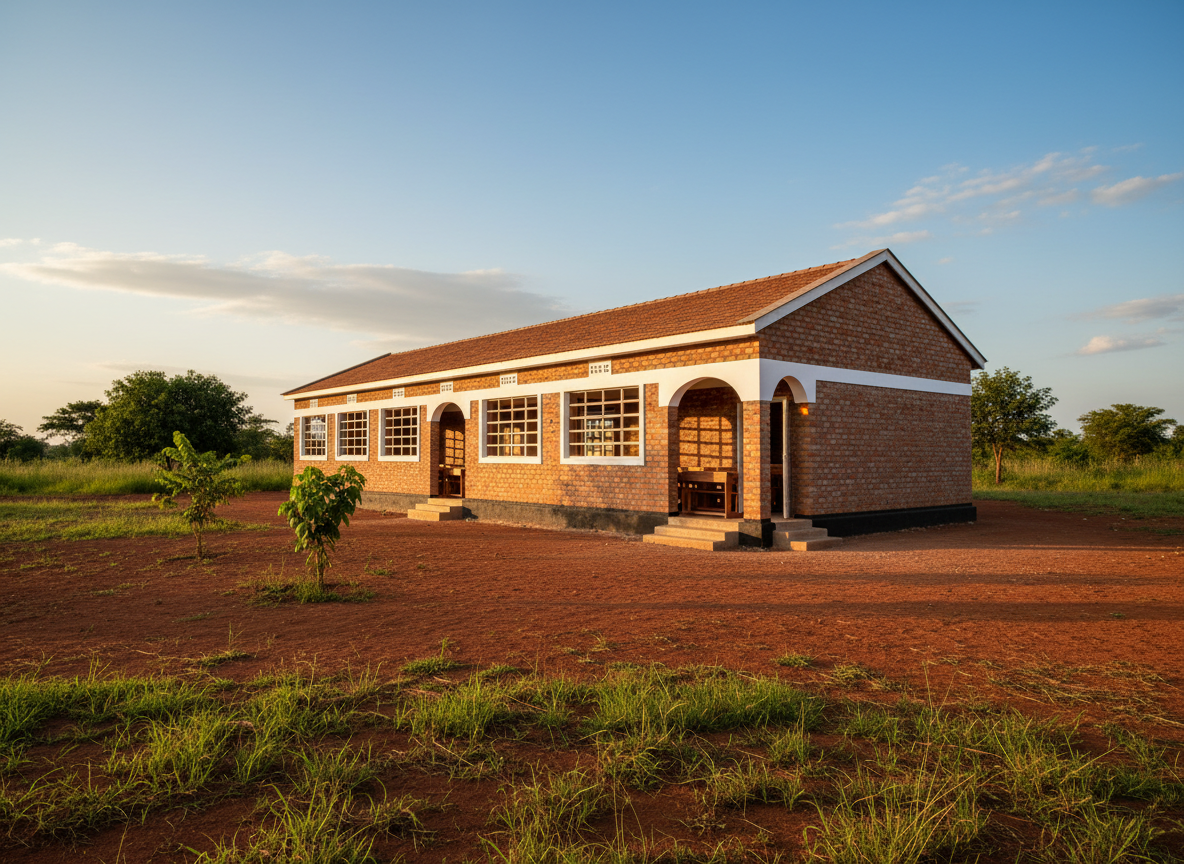 A sturdy, newly built brick school building in rural DR Congo stands prominently in the frame, its walls painted in warm earthy tones with a crisp white trim around the windows and doors. The school is surrounded by red soil and sparse green vegetation, with simple wooden desks visible through open doorways. Soft late-afternoon sunlight bathes the structure, casting long, gentle shadows and highlighting the fresh, clean lines of the construction. Photographed at eye level with a wide angle, the composition shows the school centered with the expansive sky above, conveying stability, safety, and hope. The photographic realism emphasizes clean details, a professional, documentary feel, and a calm, uplifting atmosphere.