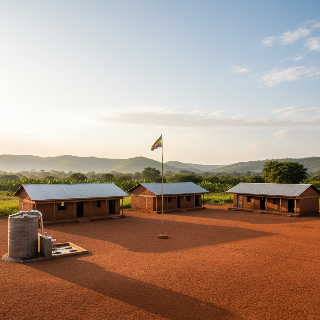 A wide, photographic landscape of a rural DR Congo school compound viewed from a slightly elevated angle, showing several modest classroom buildings with tin roofs arranged around an open, red-earth courtyard. A simple flagpole stands in the center, and a newly constructed rainwater harvesting tank and handwashing station are visible near one building. Early morning natural light creates a soft golden hue over the scene, with long shadows stretching across the yard and lush green hills faintly visible on the horizon. The composition uses the rule of thirds, with the buildings occupying the lower portion and the expansive sky above, conveying openness, progress, and community-focused infrastructure support in a calm, professional tone.