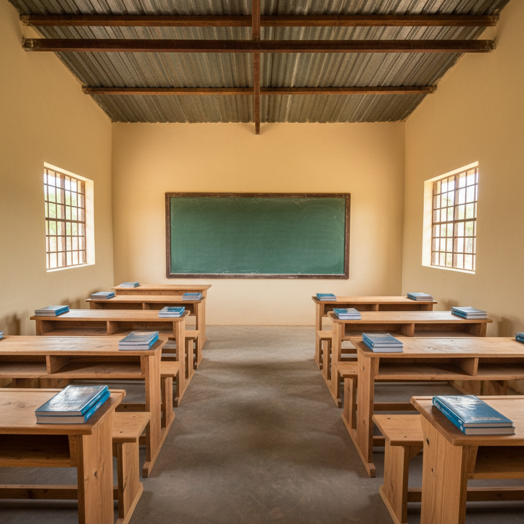 An interior photographic view of a DR Congo classroom transformed with safe infrastructure: strong concrete walls painted a soft cream, a smooth cement floor, and a solid tin roof visible at the top of the frame. Rows of simple wooden desks are neatly aligned, each with a small stack of textbooks and exercise books. At the front, a large, newly installed green chalkboard dominates the wall, perfectly framed and spotless. Gentle mid-morning sunlight filters through secure, glassless window openings with sturdy metal grilles, casting patterned light onto the floor. Shot from the back of the room with a wide lens, sharp focus throughout, the composition leads the eye toward the chalkboard, creating a professional, organized, and optimistic atmosphere of readiness for learning.