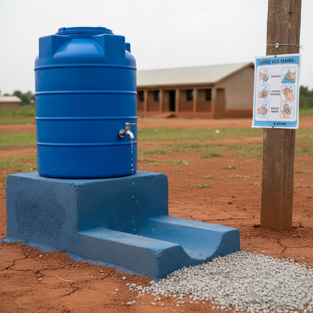 A close, photorealistic detail of a newly installed handwashing station at a DR Congo school: a sturdy, waist-high blue water tank with a secure tap, mounted on a solid concrete base. Beneath it, a smooth drainage channel leads into gravel, surrounded by compacted red soil. On a nearby wooden post, a laminated illustrated handwashing guide is securely attached. Soft, diffused daylight provides even illumination, revealing water droplets on the tap and subtle textures of painted metal and concrete. Shot at eye level with a shallow depth of field, the handwashing station dominates the frame while the blurred outline of a school building appears in the background. The mood is clean, hopeful, and practical, highlighting vital health infrastructure.