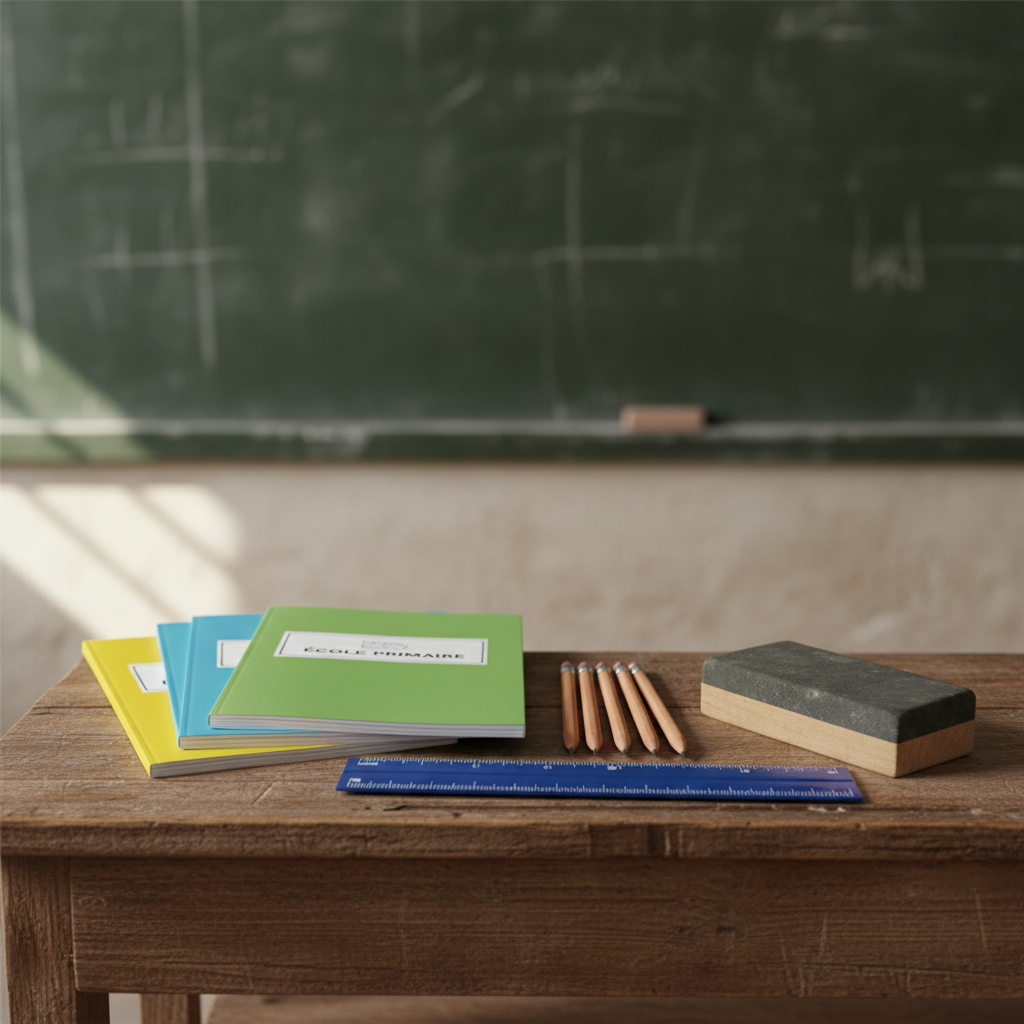 A close-up, photographic realistic view of a simple wooden classroom desk in DR Congo, its surface carefully arranged with brand-new school supplies: brightly colored exercise books, neatly sharpened pencils, a solid blue ruler, and a clean chalkboard eraser. The desk’s aged grain and soft scratches contrast with the crisp, untouched supplies. In the background, slightly out of focus, a painted chalkboard covers the wall with faint white chalk residue. Diffused daylight enters from an unseen window, creating soft highlights on the supplies and gentle shadows beneath the desk edges. Captured from a slightly elevated angle with shallow depth of field, the mood is hopeful and professional, emphasizing the transformative impact of essential materials.