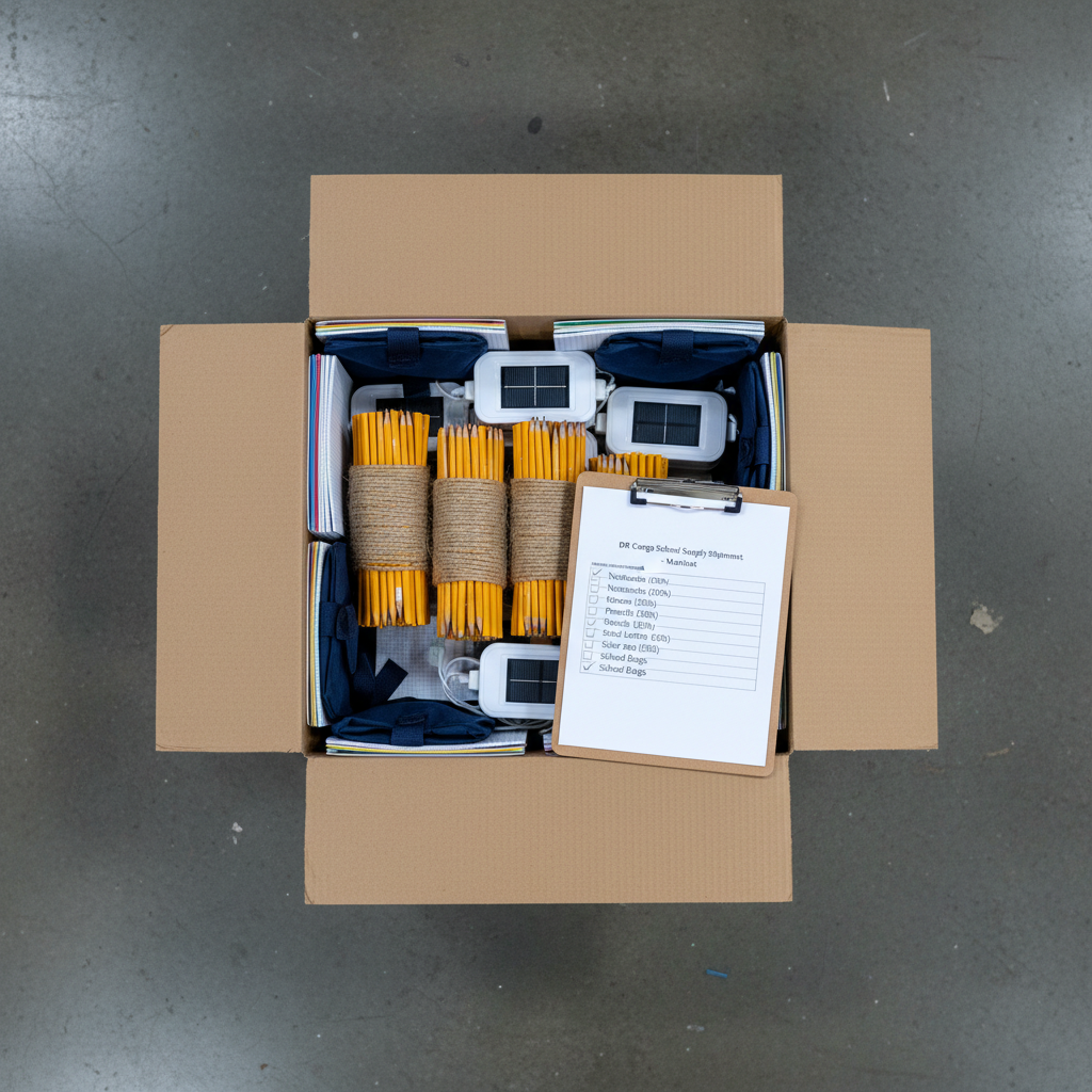 A detailed, photographic overhead view of a carefully packed shipment of school supplies destined for DR Congo, arranged inside a clean cardboard box on a warehouse floor. The box contains stacks of lined notebooks, bundles of yellow pencils tied with simple twine, compact solar-powered lamps, neatly folded navy-blue school bags, and a clipboard with a printed checklist. Cool, even artificial lighting from above creates minimal shadows and highlights the textures of paper, plastic, and fabric. The composition is symmetrical and organized, with sharp focus capturing every item clearly. The mood is professional, efficient, and purposeful, emphasizing global partnership, logistics, and responsible resource distribution to under-resourced schools.